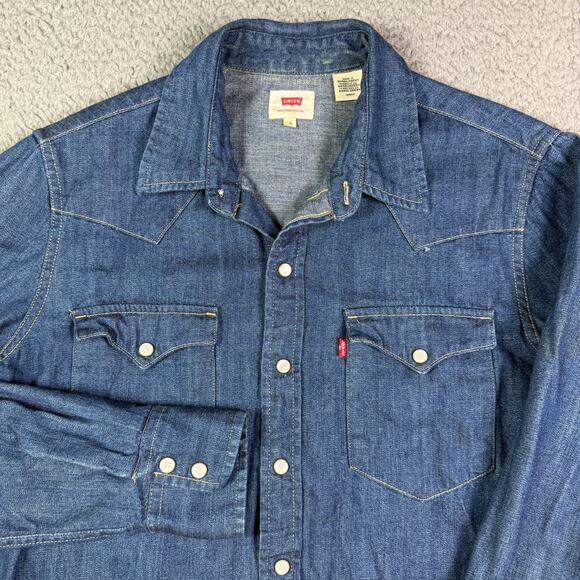 Levis Shirt Mens Small Blue Denim Pearl Snap Western Cowboy Work Flap Pockets - Picture 1 of 8